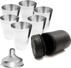 Outdoor Saxx® - 8-Teiliges Edelstahl-Becher Set, 6 Unzerbrechliche Schnaps-Becher, Schnaps-Gläser Aus Metall, Metall-Becher Mit Einfüll-Trichter Und Leder-Tasche, Ideales Flachmann-Zubehör -Optimal Weinglas Geschäft 2e9508b6198bd8338a3f9dda89430a3d