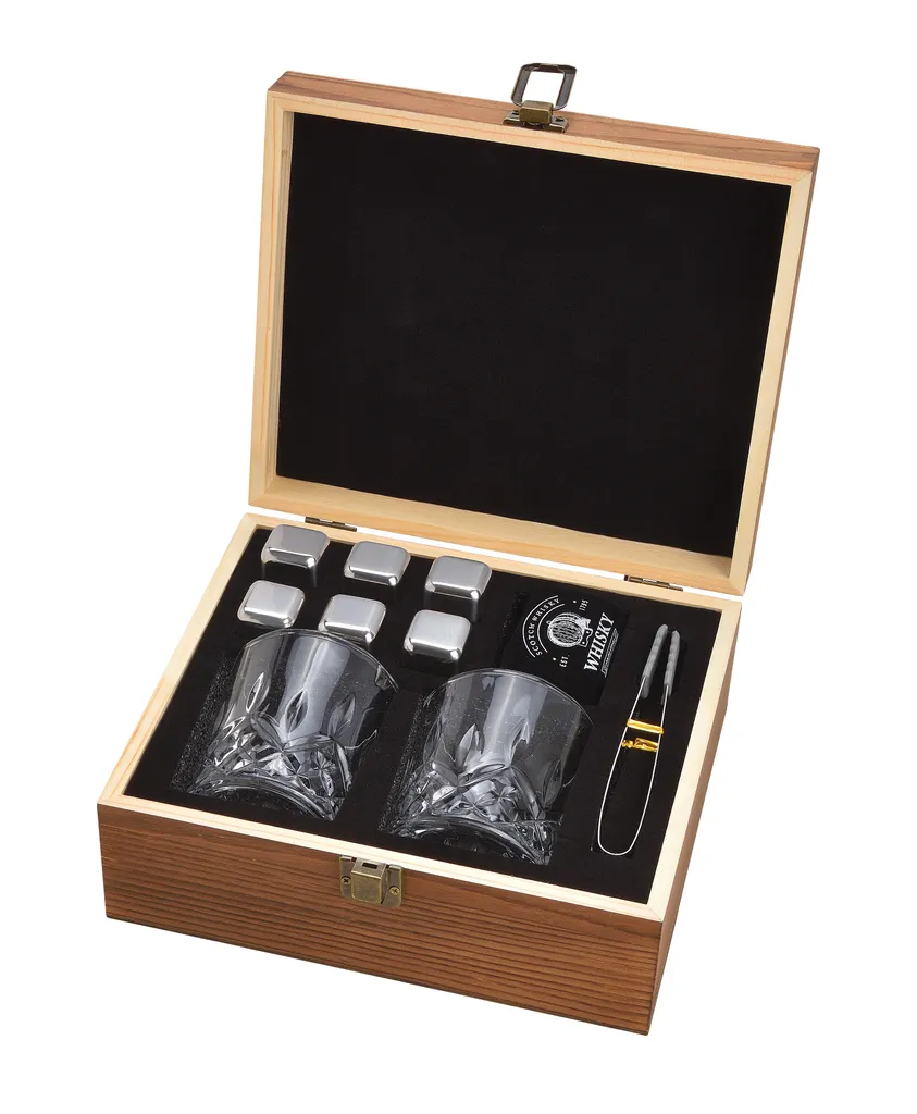 Whisky Geschenk-Set Mit 2 Gläsern, Eiswürfeln Aus Edelstahl, Zange, Samtbeutel In Einer Schönen Holzbox 9 Whisky Geschenk-Set Mit 2 Gläsern, Eiswürfeln Aus Edelstahl, Zange, Samtbeutel In Einer Schönen Holzbox – Bild 7